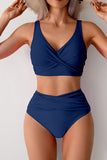 Wrap-Front Crop Top & High-Waist Bottoms Bikini Navy blue - Swimwear from Cindelily