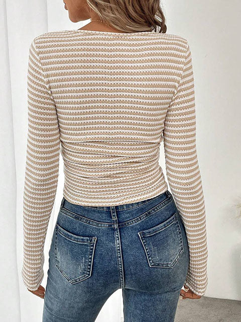 Striped Long Sleeve U Neck T-shirt