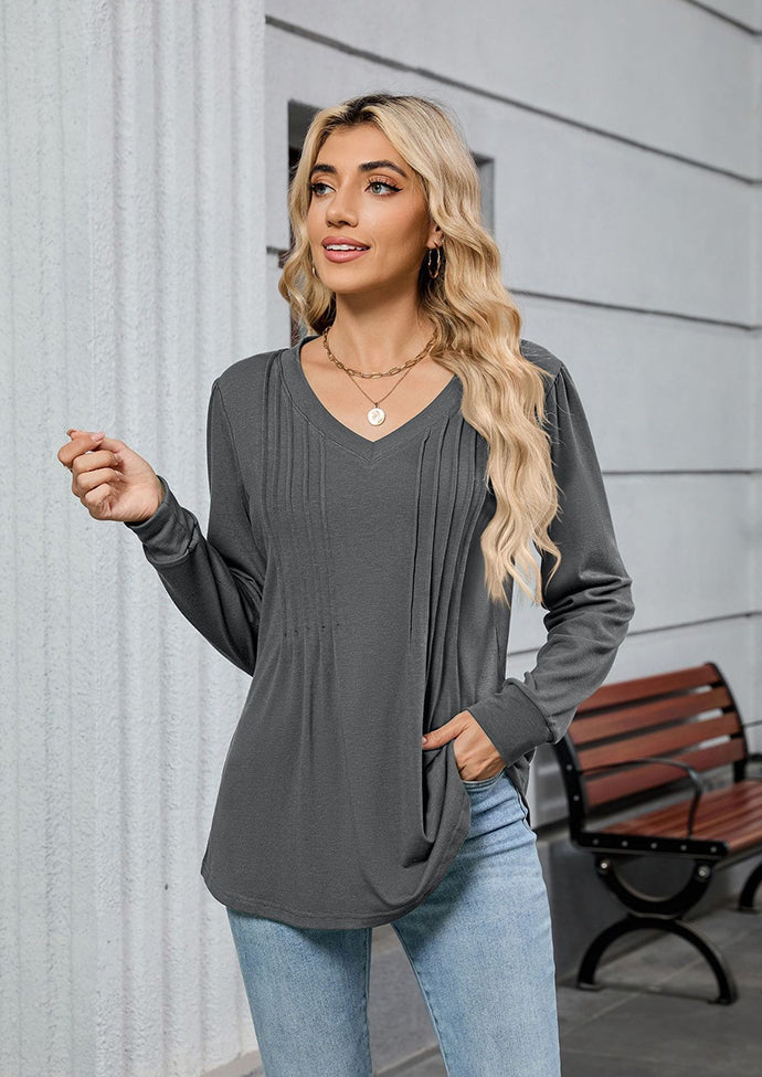 V Neck Pleated Long Sleeve Casual Tunic
