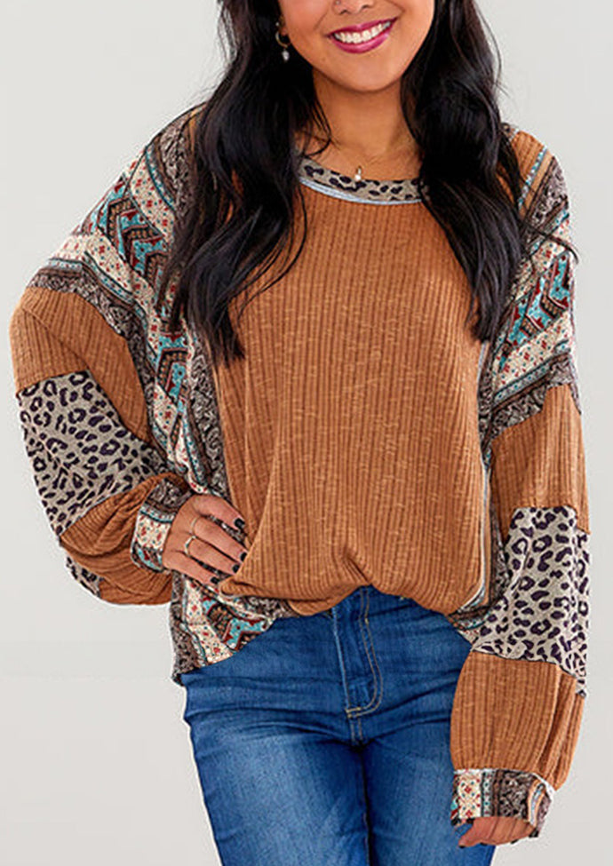 Retro Leopard Print Color Block Oversize Blouse