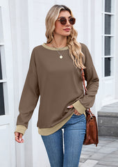 Ribbed Color Block Crew Neck Casual Sweatshirt