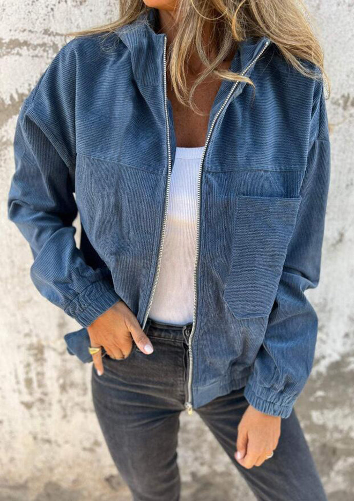 Corduroy Hooded Zip Up Casual Jacket