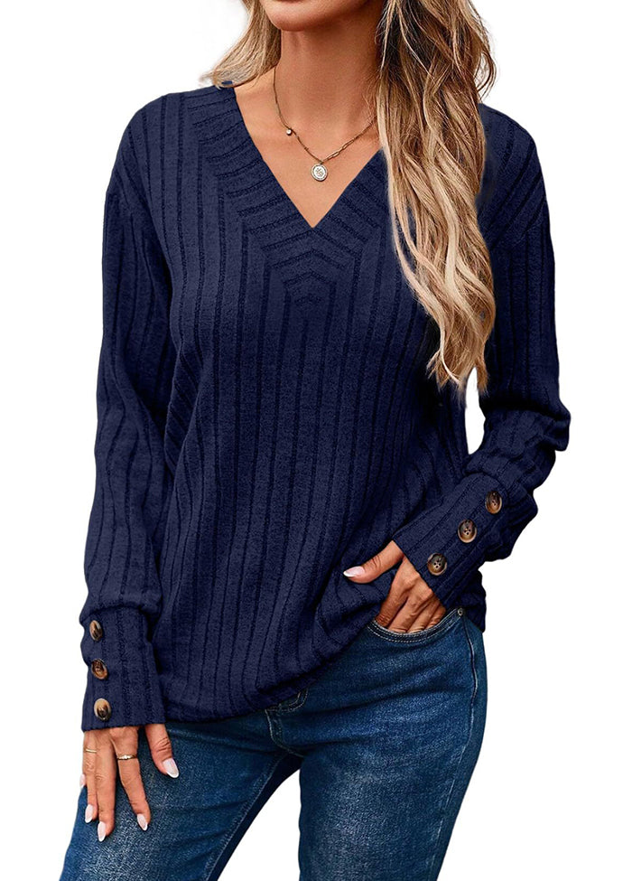 V Neck Button Detail Textued Casual T-shirt