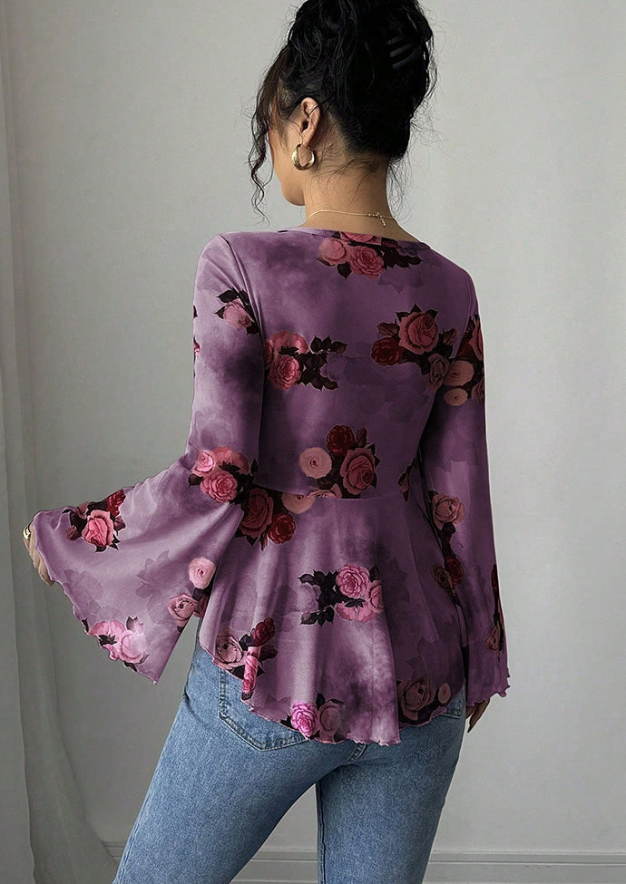 Floral Print Tie Bow Long Sleeve Top