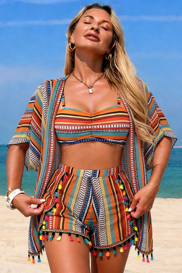 Striped Tassel Kimono Bikini & Shorts 4-Piece Set Orange - Swimwear from Cindelily