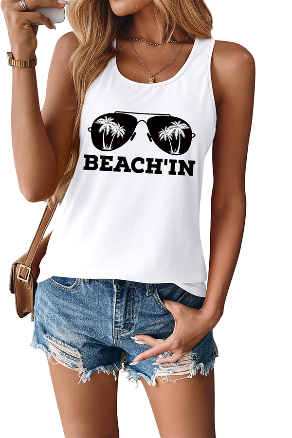 BEACH'IN Graphic Racerback Tank Top White - Tops from Cindelily