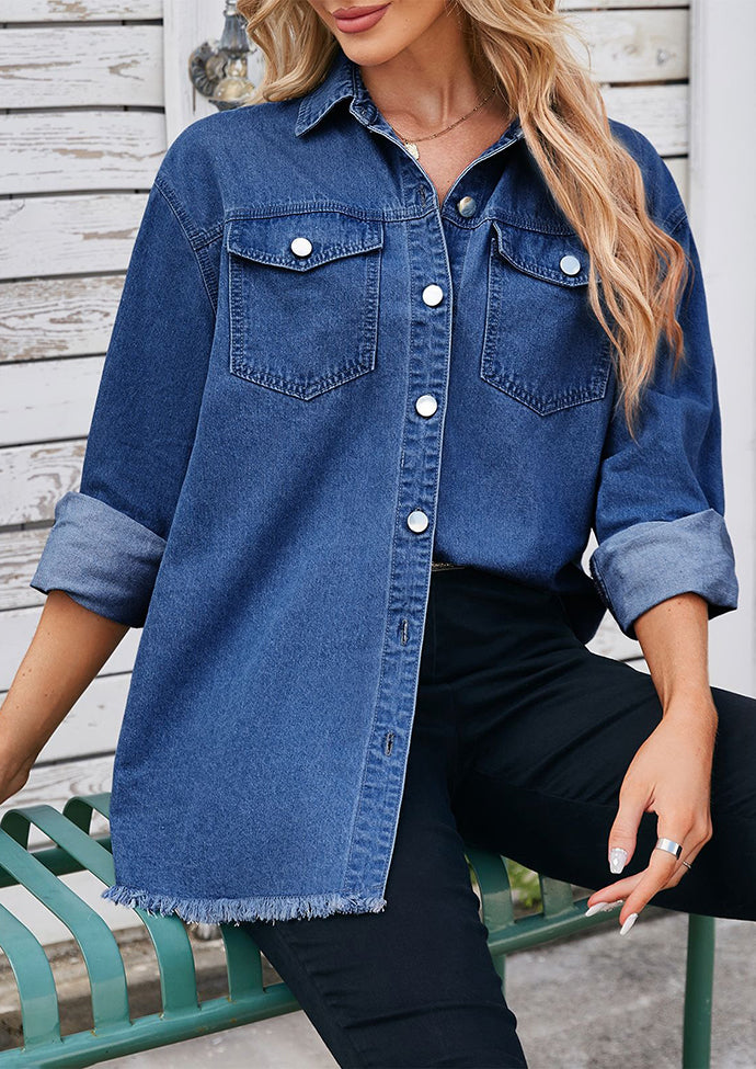 Washed Raw Hem Button Up Denim Shirt