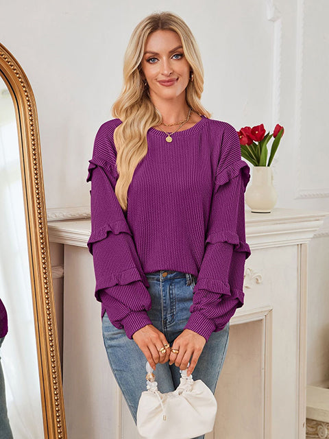 Ruffled Long Sleeve Crew Newck T-shirt