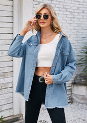 Washed Raw Hem Button Up Denim Shirt