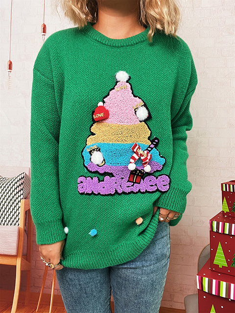 Christmas Tree Jacquard Crew Neck Sweater