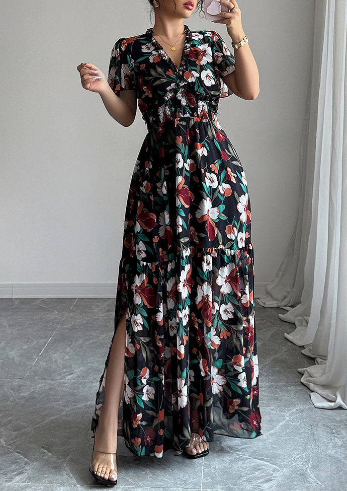 Ruffled Floral Print Smocked Maxi Dress