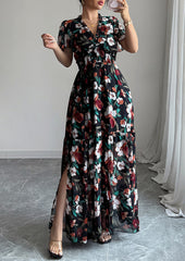 Ruffled Floral Print Smocked Maxi Dress