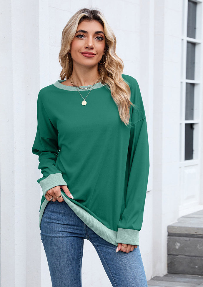 Ribbed Color Block Crew Neck Casual Sweatshirt