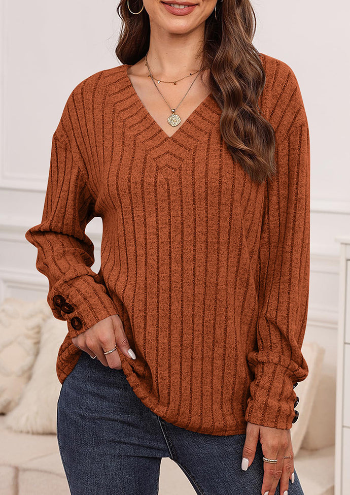 V Neck Button Detail Textued Casual T-shirt