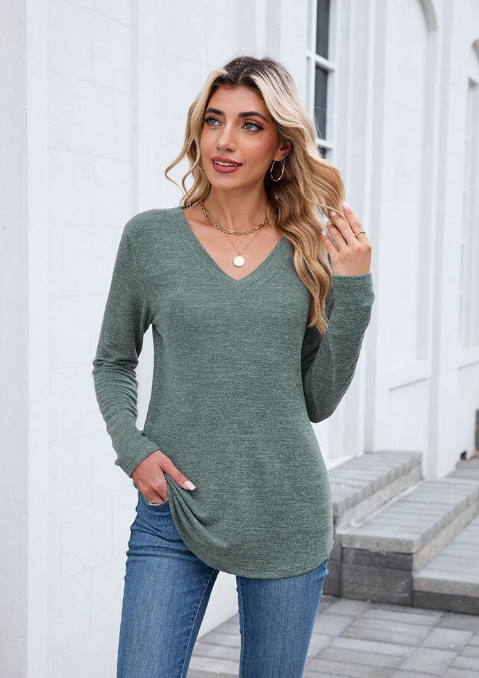 V Neck Long Sleeve Basic Casual T-shirt