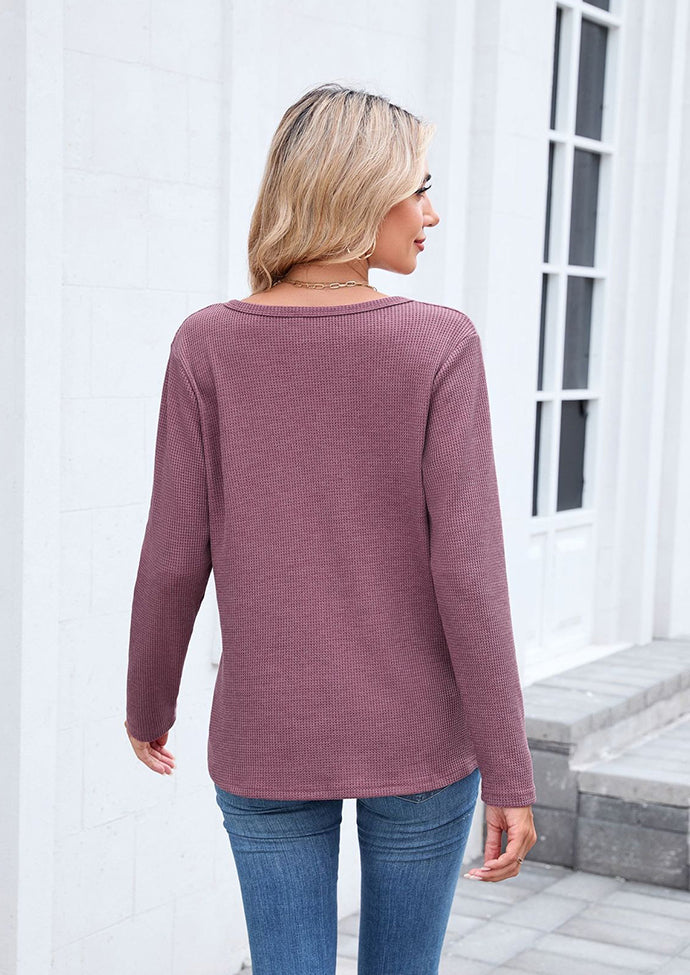 Waffle V Neck Long Sleeve T-shirt
