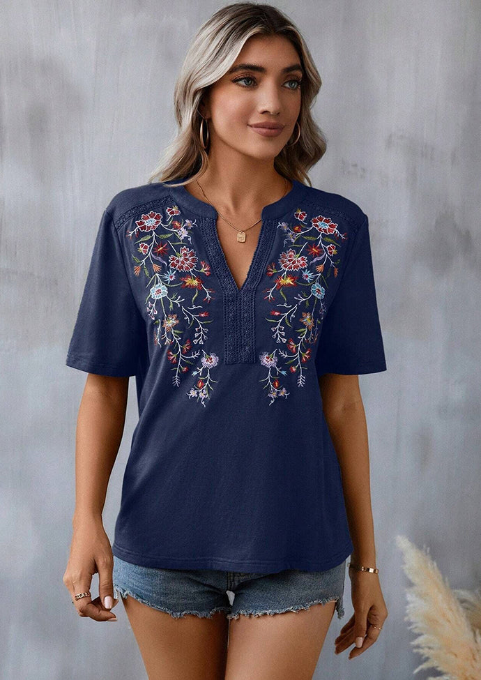 Embroidery Lace Inset V Neck T-shirt