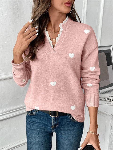V Neck Lace Splicing Heart Jacquard Sweater