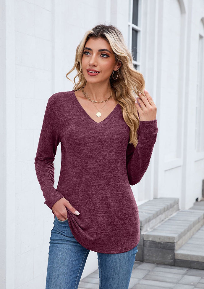 V Neck Long Sleeve Basic Casual T-shirt