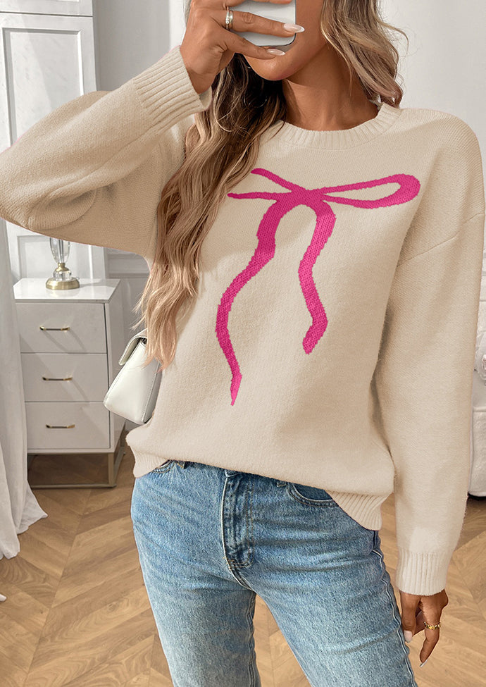 Bow Pattern Crew Neck Knitted Sweater