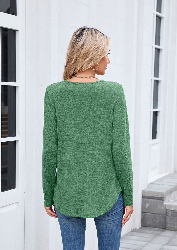 V-neck Pleated Solid Long Sleeve T-shirt