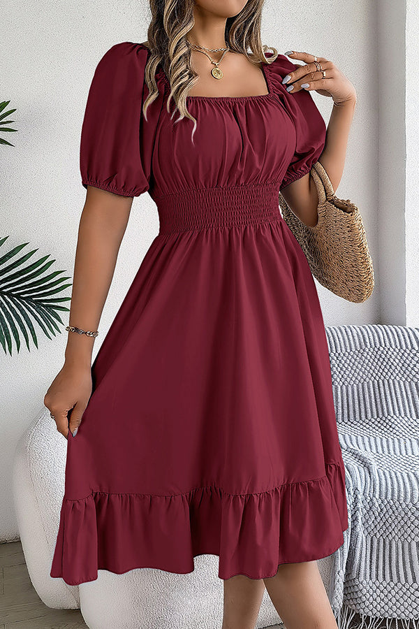Smocked-Waist Ruffled Hem Midi Dress Burgundy - Dresses from Cindelily