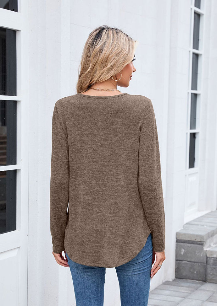 V-neck Pleated Solid Long Sleeve T-shirt