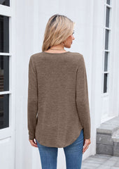 V-neck Pleated Solid Long Sleeve T-shirt