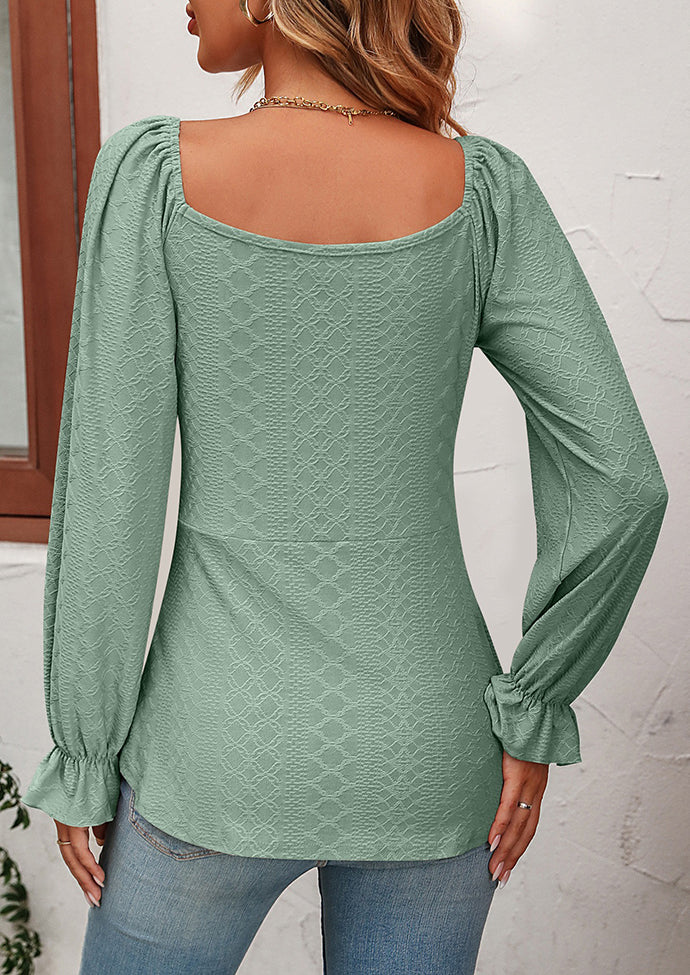Jacquard Ruched V Neck Long Sleeve Blouse