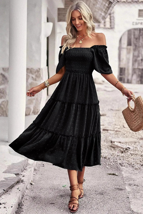 Jacquard Smocked Bodice Tiered Midi Dress Black - Dresses from Cindelily