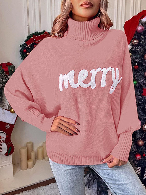 Christmas Jacquard Turtleneck Bat Sleeve Sweater