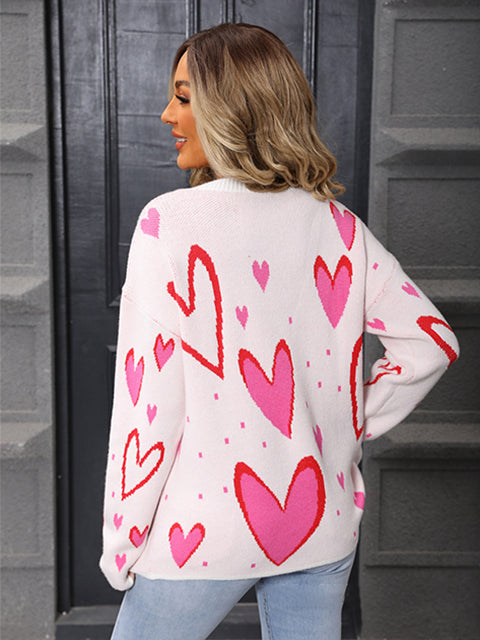 Heart Jacquard Knitted Crew Neck Sweater
