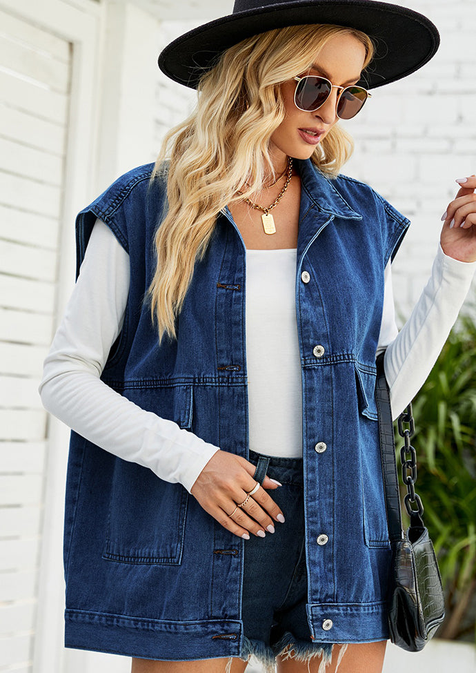 Button Up Denim Vest with Pockets