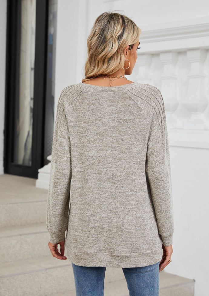 Pleated Long Sleeve Crew Neck Casual T-shirt