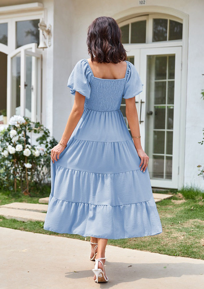 Square Neckline Puff Sleeve Smocked Maxi Dress