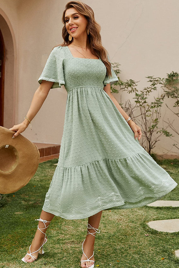 Textured Smocked Midi Dress with Embroidered Trim Light green - Dresses from Cindelily
