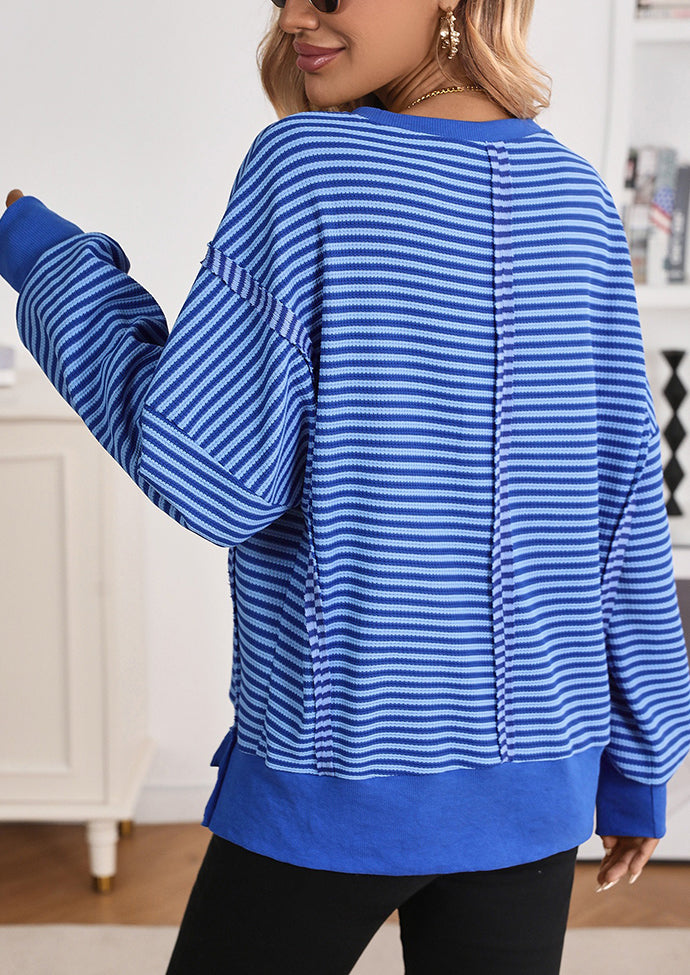 Side Split Striped Crew Neck Sweatshirt