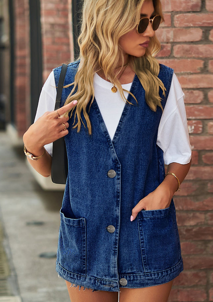 V Neck Button Up Denim Vest with Pockets