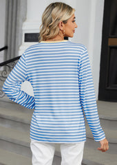 V Neck Button Detail Striped Casual T-shirt