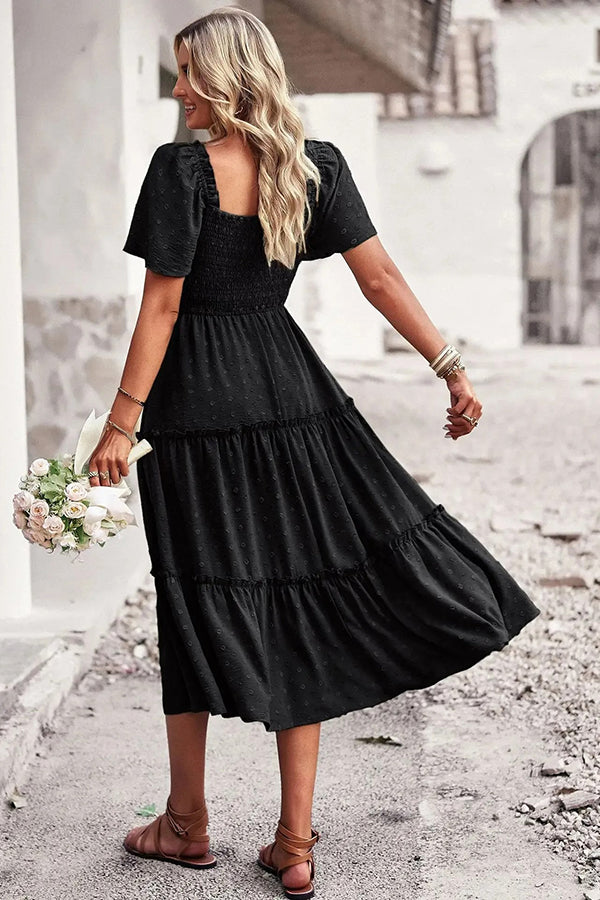 Jacquard Smocked Bodice Tiered Midi Dress - Dresses from Cindelily