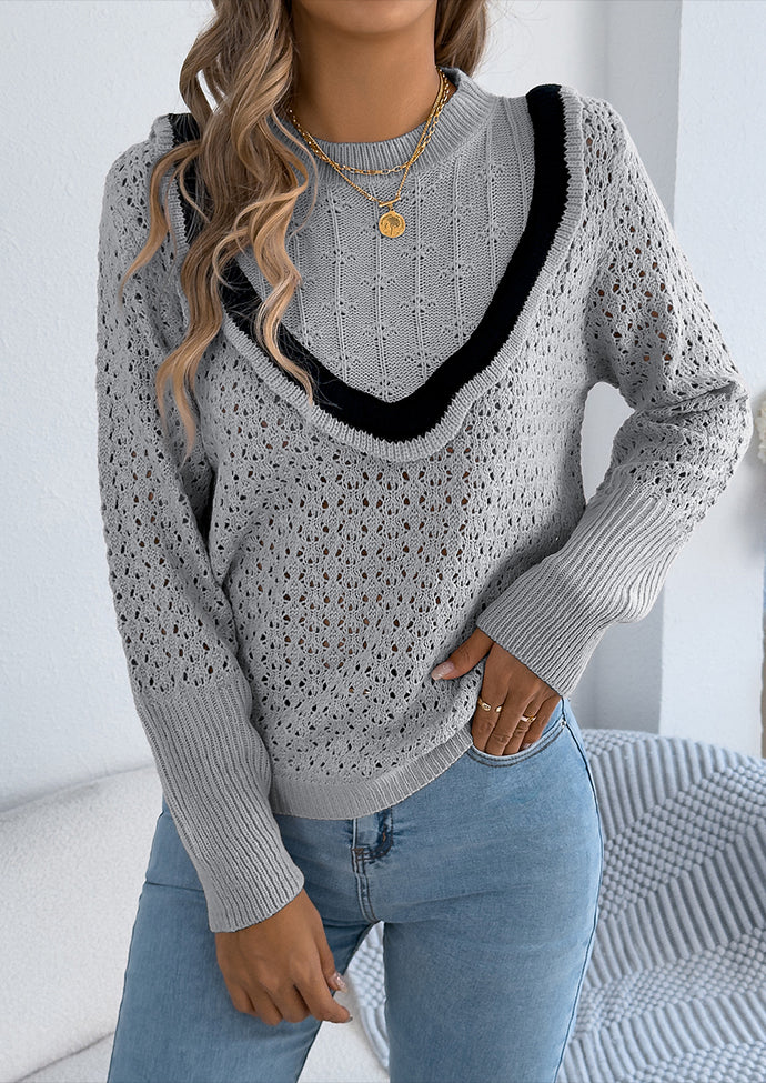 Jacquard Ruffle Crew Neck Knitted Sweater