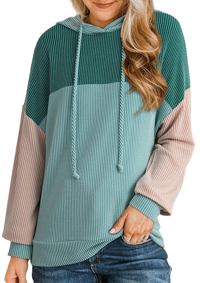 Tie Detail Textured Color Block Casual Hoodie