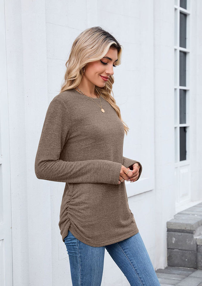 Side Pleated Crew Neck Long Sleeve T-shirt