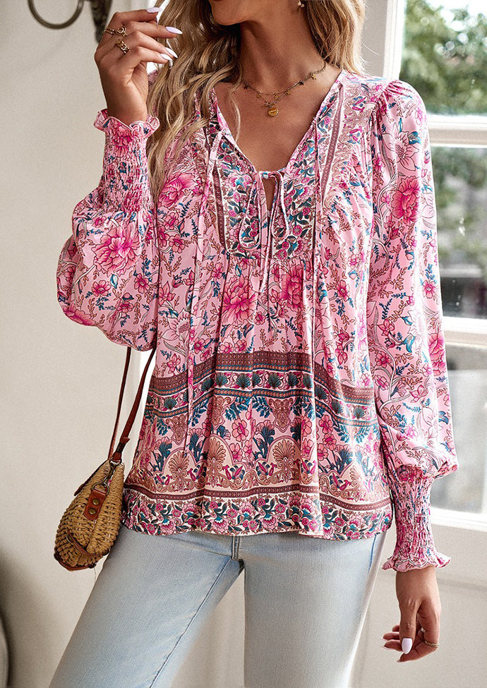 Tie Detail Smocked Cuff Boho Blouse