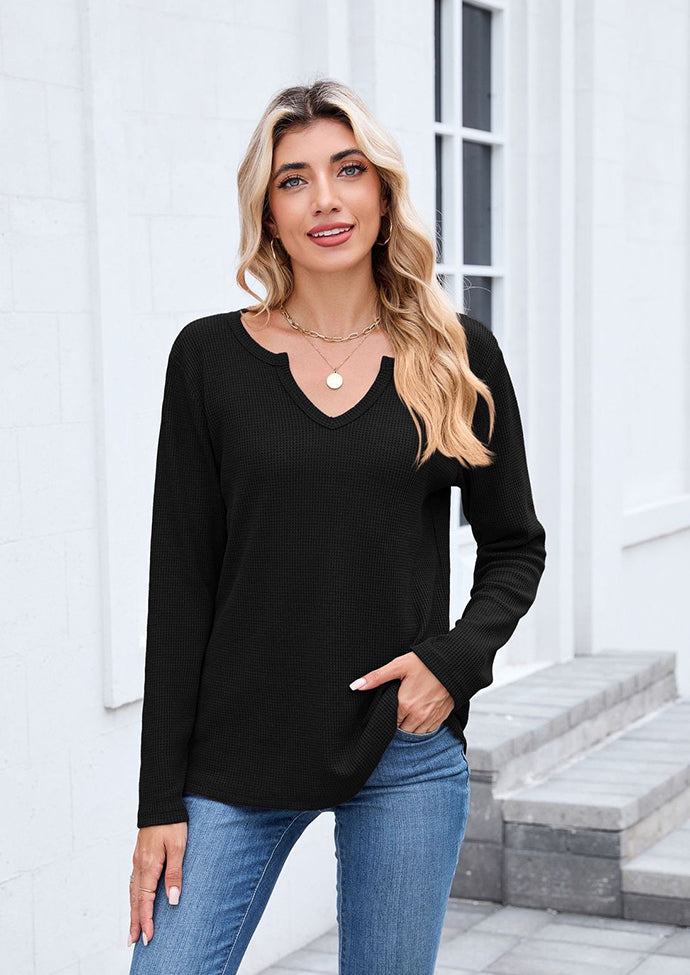 Waffle V Neck Long Sleeve T-shirt