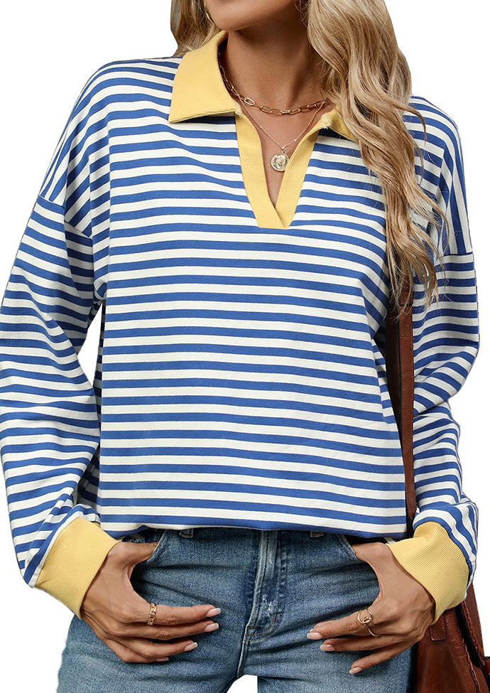 Stripe Color Block V Neck Casual Top
