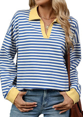 Stripe Color Block V Neck Casual Top