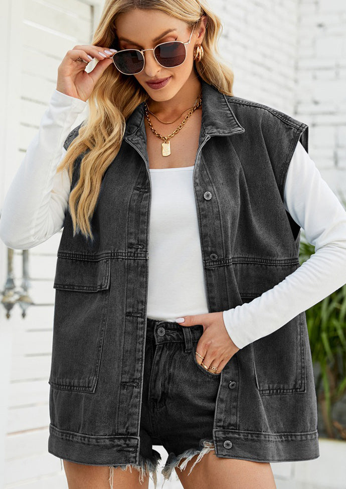 Button Up Denim Vest with Pockets