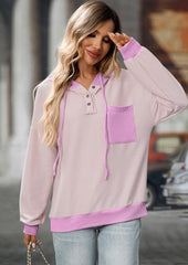Color Block Tie Detail Button Up Hooded Sweatshirt