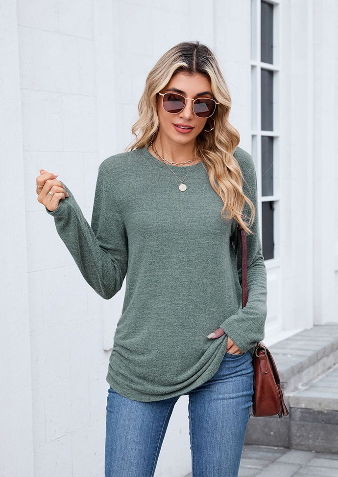 Side Pleated Crew Neck Long Sleeve T-shirt